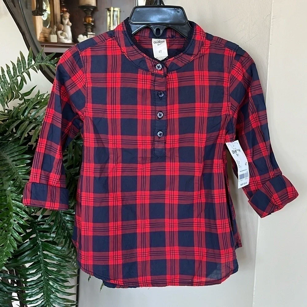 Brand New OshKosh B’Gosh Red & Navy Blue Plaid Shirt Button Up Cotton Blouse